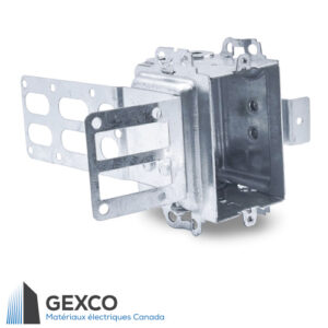 Boîte de dispositif avec brides, groupable avec équerre de montage pour colombages d’acier de 2 1/2“ et 3 5/8” avec support intégré.