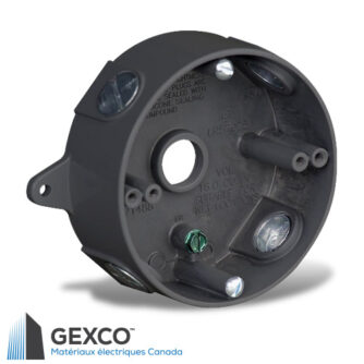 Gexco, boîtes ronde de 4" à l'épreuve des intempéries en métal moulé finition powder coat.